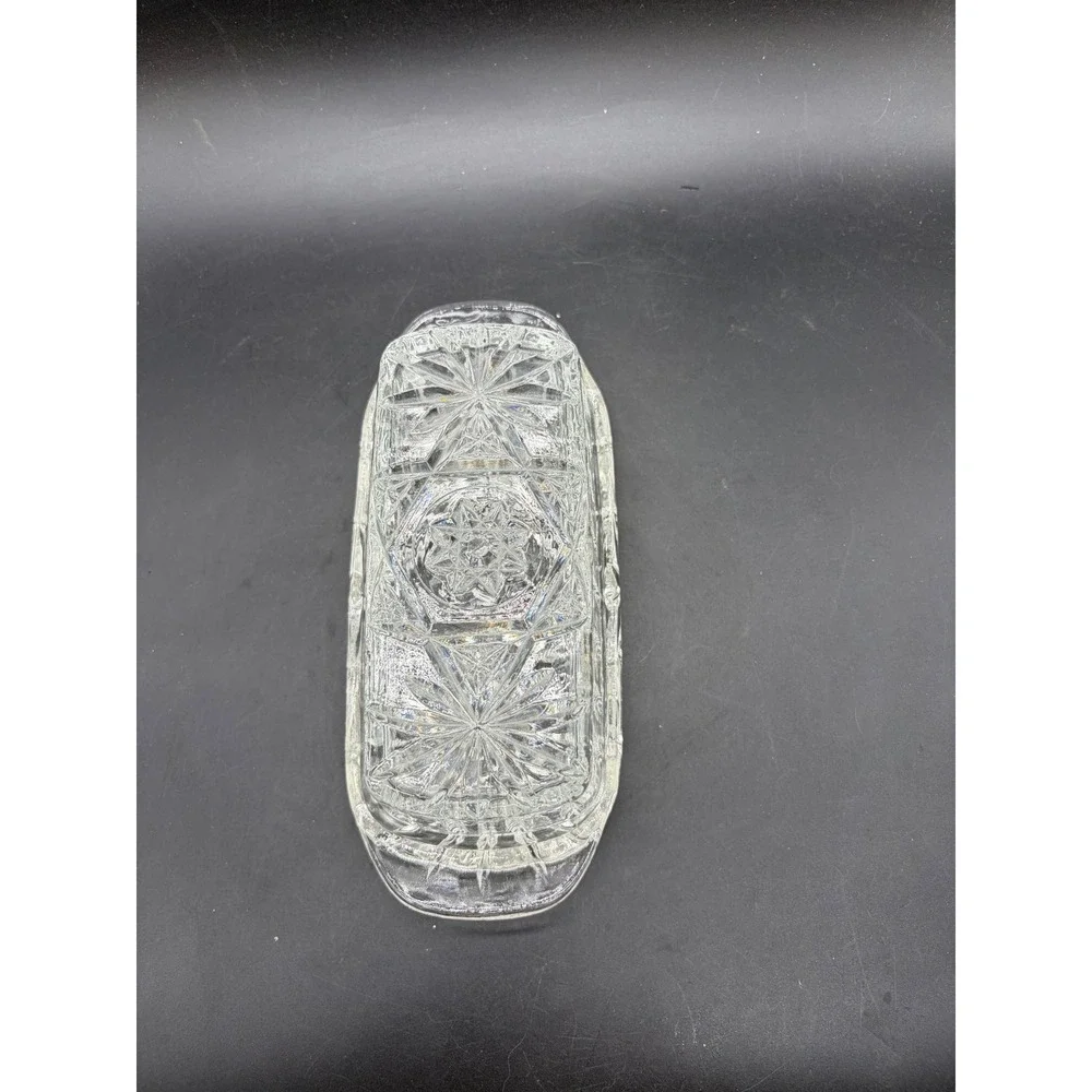 Vintage Clear Pressed Glass Butter Dish with Lid Starburst Pattern Rectangular